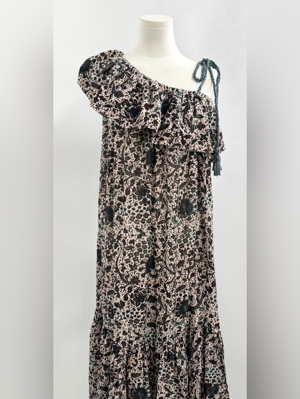 Ulla Johnson Daniela Coverup One Shoulder Ruffle Midi Dress Brown Floral L/XL